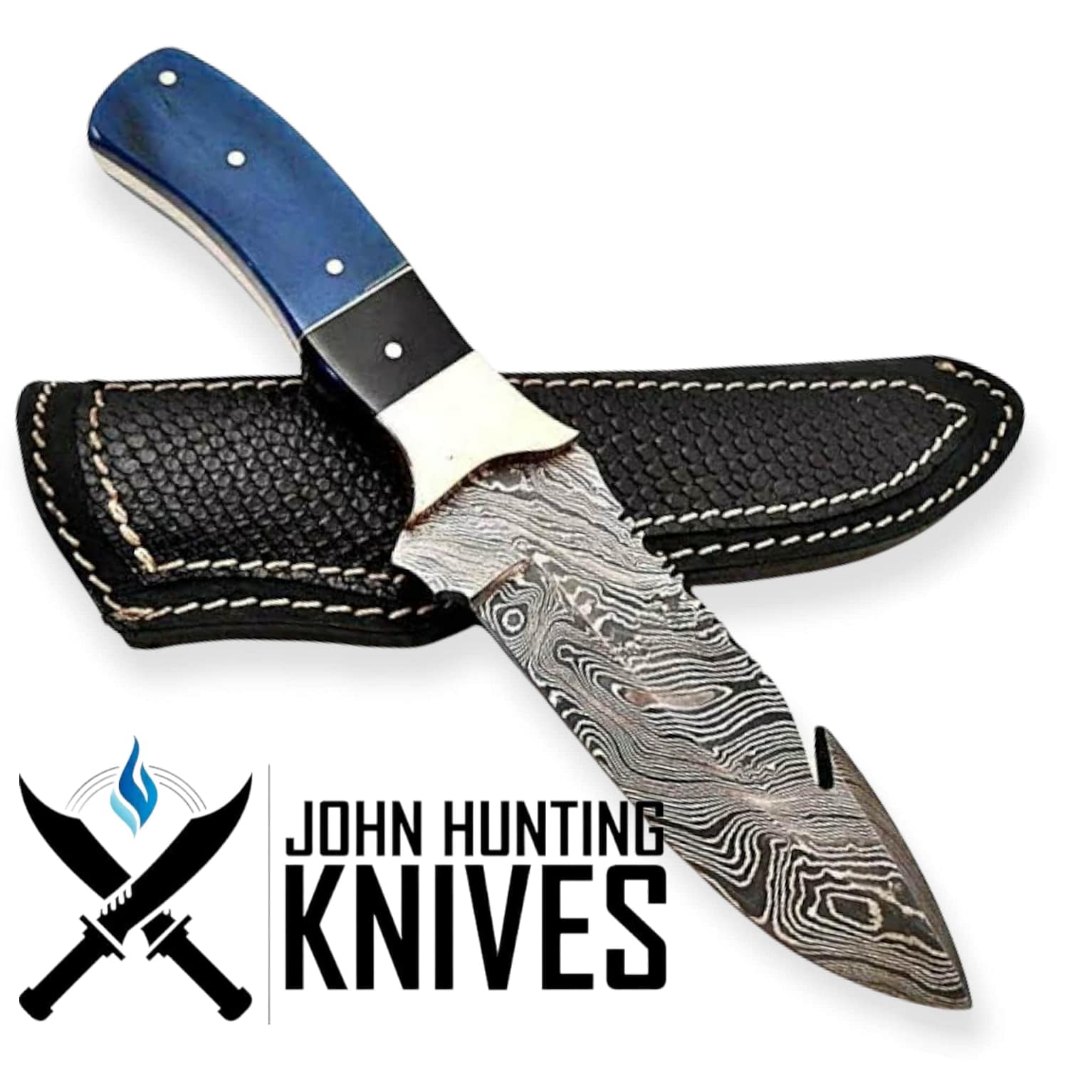 CUSTOM MADE COWBOY DAMASCUS GUT HOOK BLADE KNIFE TEXAS FLAG HANDLE