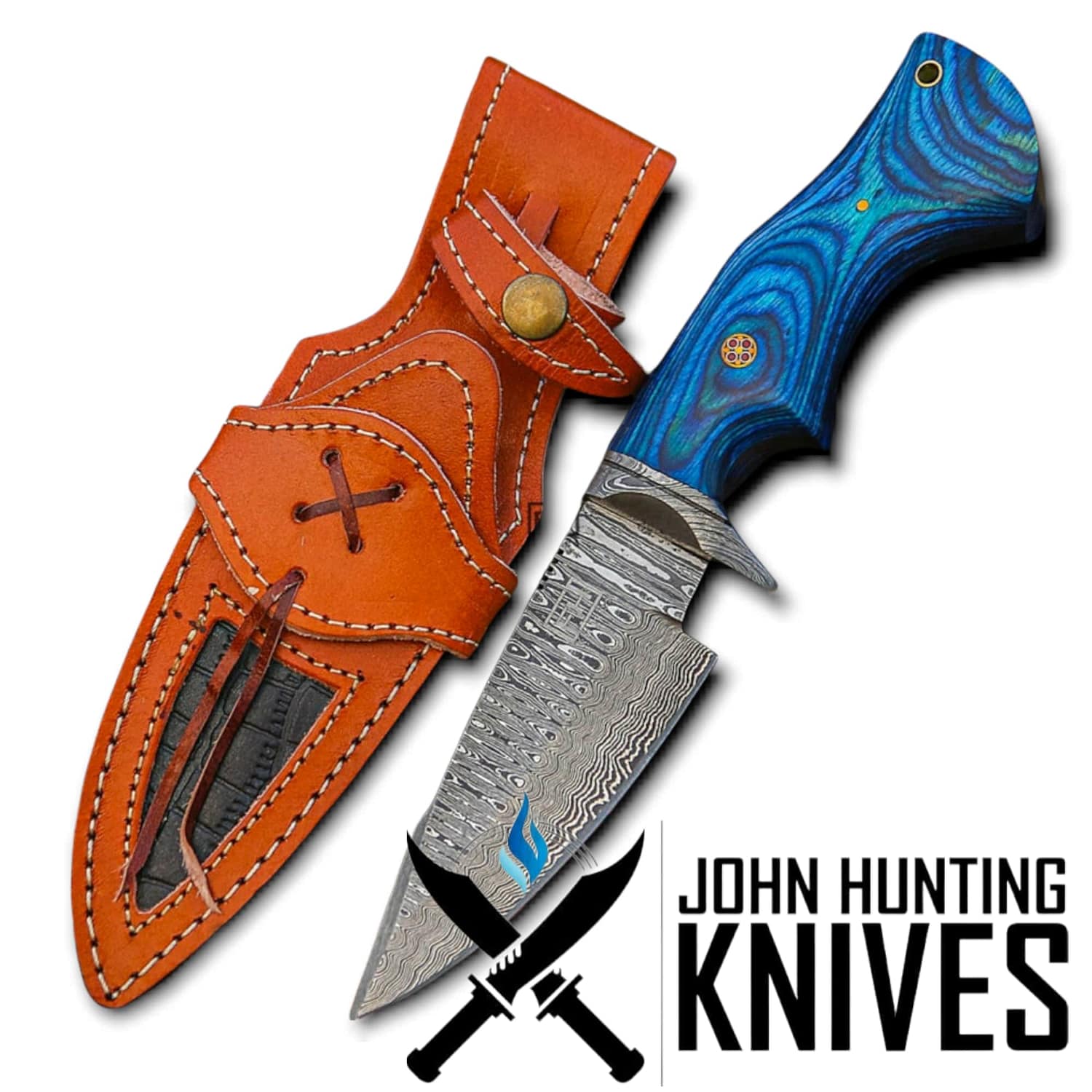 Handmade Damascus Hunting Knife Blue Wood Handle With Leather Sheath