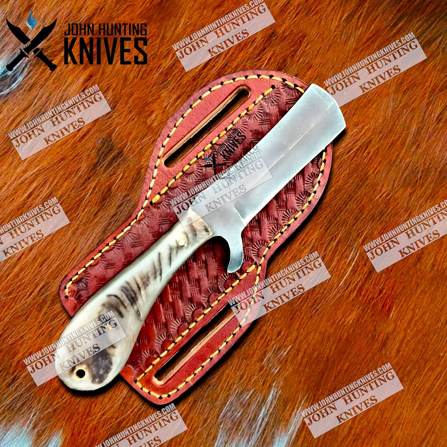 Custom Handmade Bull Cutter Knife Bone Handle And Damascus Steel Blade John Hunting Knives