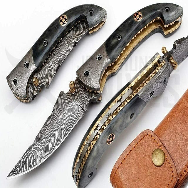 CUSTOM HANDMADE DAMASCUS STEEL BLADE COW HORN HANDLE POCKET FOLDING ...