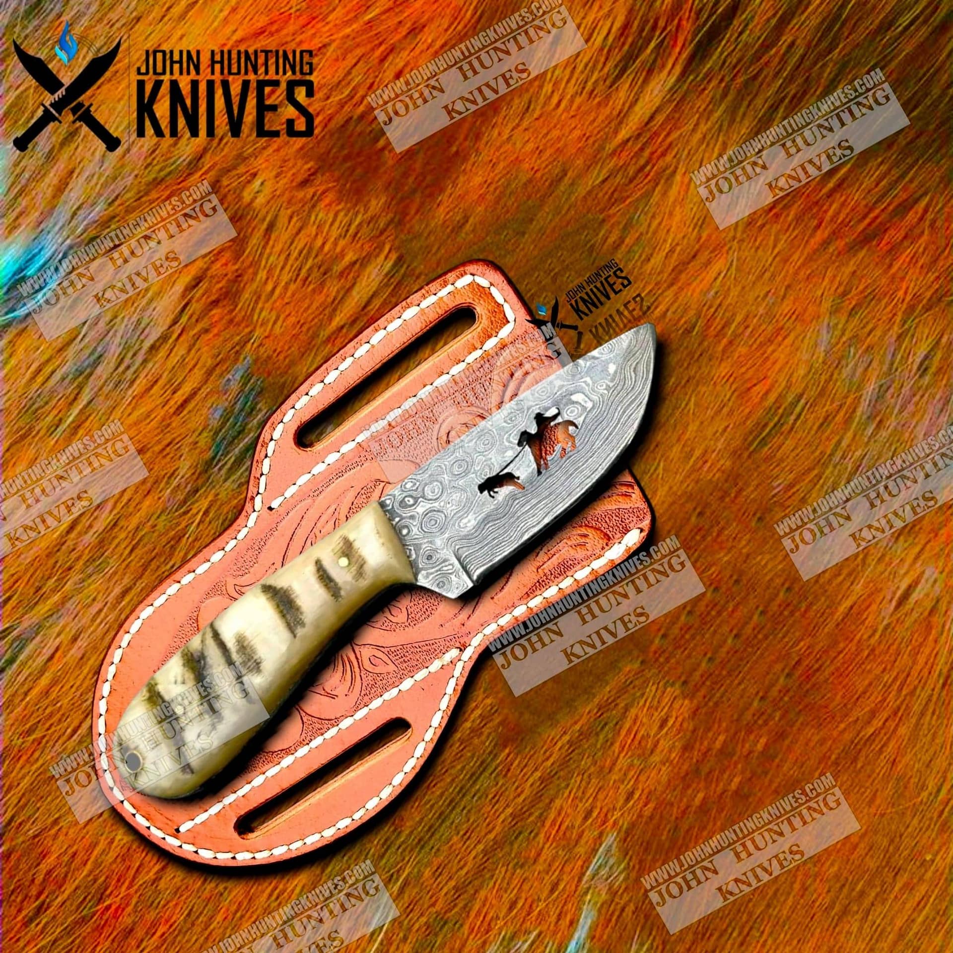 CUSTOM HANDMADE COWBOY KNIFE RAM HORN HANDLE & DAMASCUS STEEL BLADE